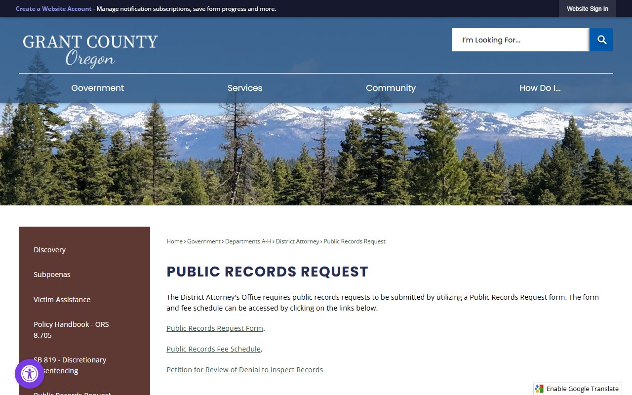 Grant County jail mugshots public records request page for booking photo records
