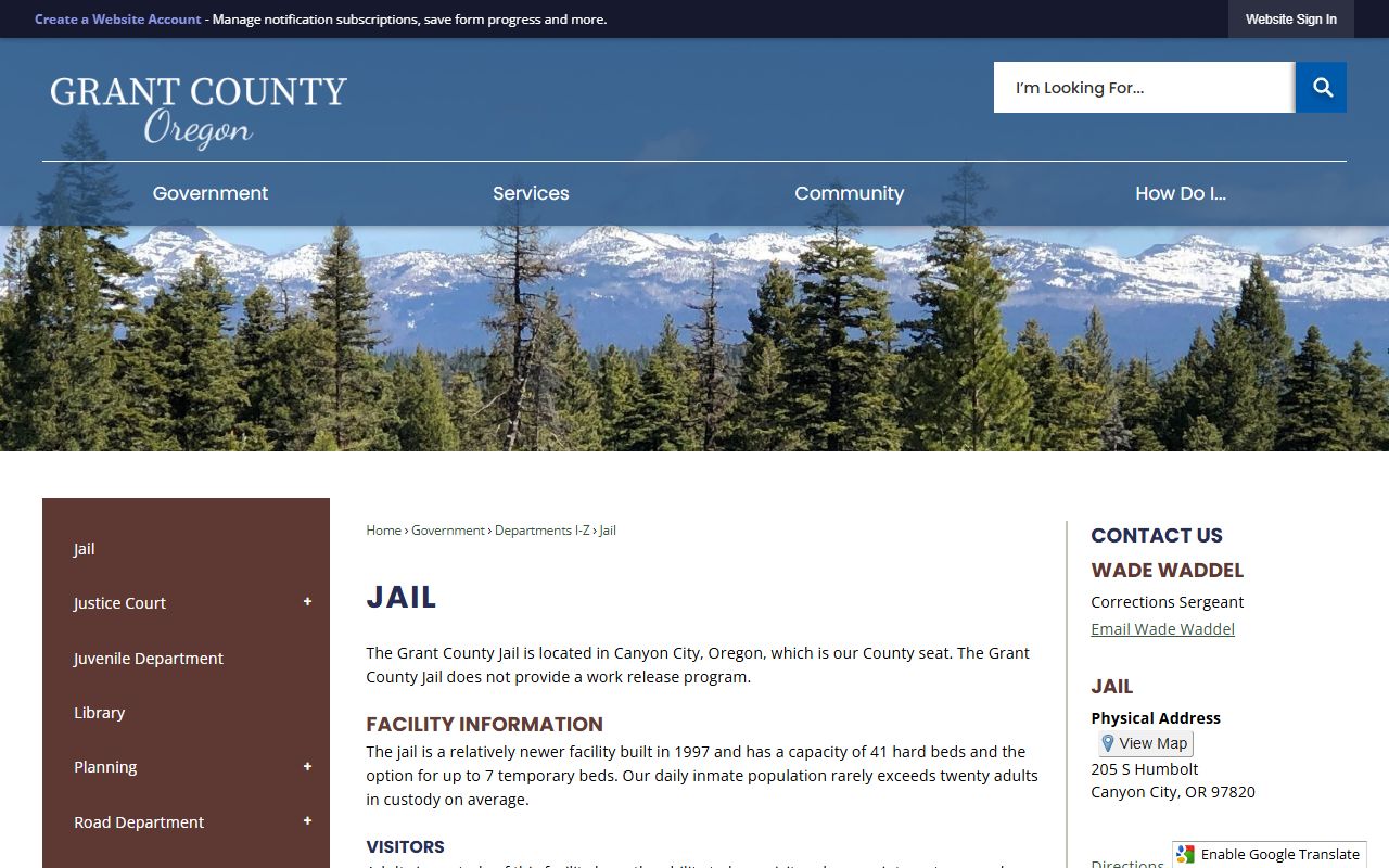 Grant County Jail page for inmate custody search information