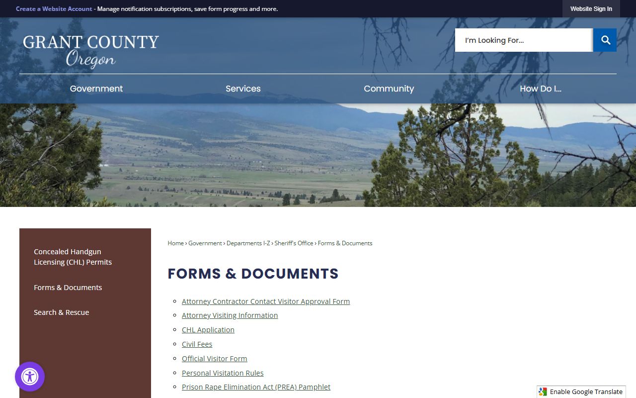 Grant County Jail inmate visitation and forms source page