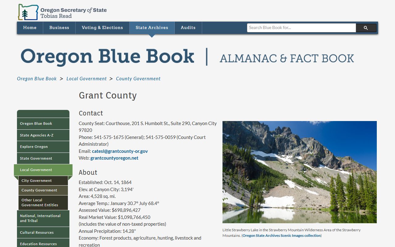Oregon Blue Book Grant County profile for inmate population context